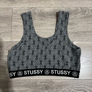 Stussy Women Gray Crown Pattern Crop Sport Athletic Bra Size L‎